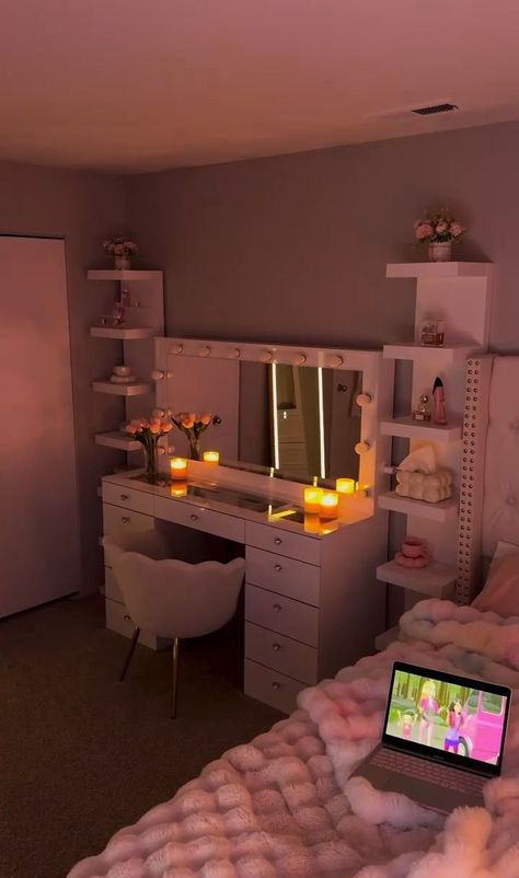 #homedecor #design #roomidea #romdesign Aesthetic Room Decor Vanity, Modern Women Bedrooms, Pink White Bedroom Aesthetic, Room Vanity Aesthetic, Dream Room Inspiration Pink, Room Filler Ideas, Room Ideas For Tiny Rooms, Fresita Room Ideas, Sofa In Bedroom Ideas Layout