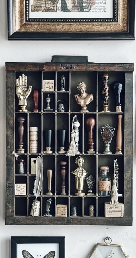 Printer Drawer Ideas Display, Curio Display Ideas, Nicknack Display Ideas, Apothecary Decor Living Room, Curiosity Cabinet Aesthetic, Cabinet Of Curiosities Aesthetic, Knick Knack Display Ideas, Rocks Display, Dark Home Aesthetic