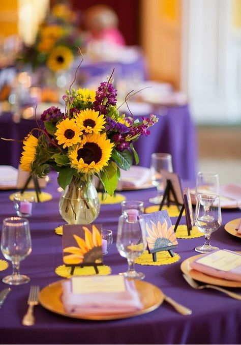 purple and sunflower wedding centerpieces Purple Mason Jars, Tangled Wedding, Sunflower Wedding Decorations, Prayer Breakfast, Yellow Wedding Theme, Sunflower Centerpieces, Sunflower Themed Wedding, Reception Inspiration, Yellow Decor