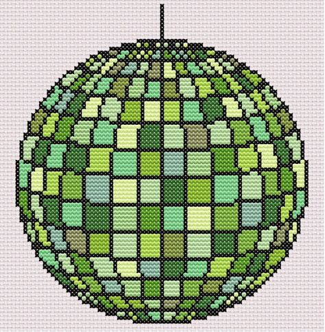 This is a listing for a PDF file for a cross stitch pattern of a disco ball in various shades of green. You will receive the following: 2 PDF files - one in black and white, and one in color. Each PDF includes a floss legend in DMC embroidery floss colors, and a picture of the finished piece. 1 PDF of a cross stitch tutorial. Size: On 14 count aida, the size is 5.9 inches by 6 inches. This will change if you use a different aida. The design is 83 x 85 stitches. 13 DMC colors are used. This is a Disco Ball Alpha Pattern, Water Cross Stitch, Little Cross Stitch Patterns, Disco Ball Cross Stitch, Pop Culture Cross Stitch, Disco Ball Embroidery, Spongebob Cross Stitch, Cross Stitch Border Patterns, Simple Pixel Art Patterns