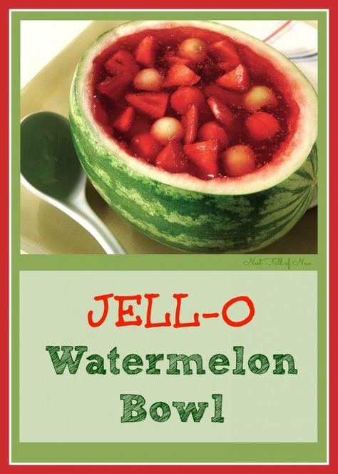 Watermelon Fruit Bowl. What a fun idea for a party! Watermelon Jello Fruit Salad, Watermelon Fruit Bowl Ideas, Watermelon Jello Fruit Bowl, Watermelon Fruit Jello Slices, Watermelon Jello Slices With Fruit, Watermelon Fruit Bowl, Watermelon Fruit Salad Bowl Party Ideas, Fruit In Watermelon Bowl, Watermelon Filled With Fruit And Jello