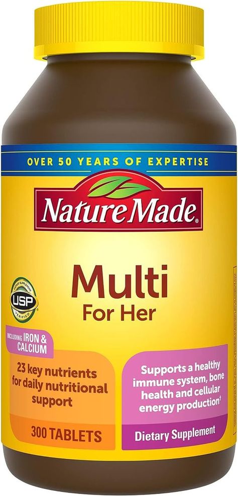 DAILY NUTRITIONAL SUPPORT†
These Nature Made Multivitamin for Her Tablets are specifically formulated to deliver daily nutritional support and help support bone & muscle health, immune health, and energy metabolism.*†

*Helps convert food into cellular energy.† Multivitamins For Women, Good Multivitamin For Women, Multivitamin Tablets, Best Multivitamin, Fiber Supplements, Vitamins For Women, Best Supplements, Vitamin D3, Immune Support