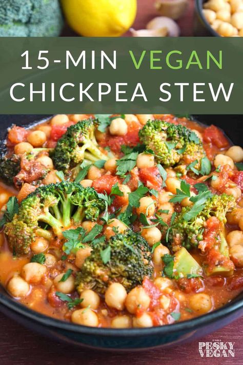 This healthy chickpea stew combines store-cupboard ingredients with tomato, broccoli, and spices for a meal that's ready in just 15 minutes. #vegan #glutenfree #veganstew #cheapveganrecipe #garbanzostew #quickvegandinner Vegan Goulash, Tomato Broccoli, Mushroom Biryani, Cheap Vegan Meals, Vegan Broccoli, Black Bean Dip, Store Cupboard, Vegan Stew, Quick Vegan Meals