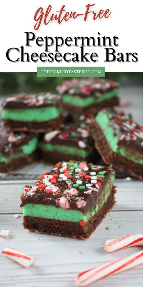 These Peppermint Cheesecake Bars (Gluten-Free) are the perfect sweet treat to make and gift away to family and friends for Christmas. These three layers are the perfect flavor combination. No joke, these bars are sooo delectably good. They’re soft and chewy and just melt in your mouth delicious. You have to try these! Peppermint Cheesecake Bars, Gluten Free Christmas Treats, Gluten Free Christmas Desserts, Mint Cheesecake, Gluten Free Christmas Cookies, Yummy Cheesecake, Peppermint Cheesecake, Bake Something, Gluten Free Cheesecake