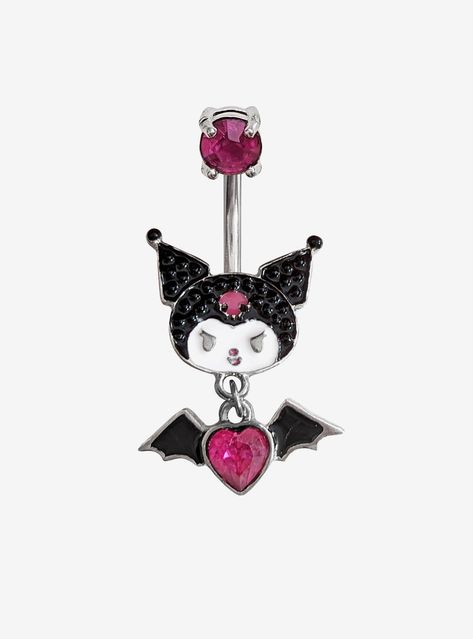 14G Steel Kuromi Bat Bling Navel Barbell | Hot Topic Stud Belly Button Piercing, Kuromi Belly Piercing, Kuromi Piercing, Belly Button Piercing Plus Size Women, Heart With Bat Wings, Kuromi Design, Cleaning Piercings, Piercing Care, Navel Piercing Jewelry