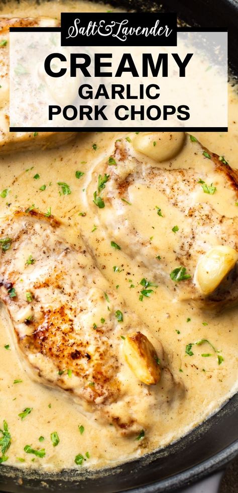 a skillet with pork in sauce and text overlay that reads creamy garlic pork chops Creamy Garlic Pork Chops, Garlic Pork Tenderloin, Pork Loin Chops Recipes, Garlic Pork Chops, Boneless Pork Chop Recipes, Pork Chop Recipes Crockpot, Seared Pork Chops, Pork Chop Recipes Baked, Pork Chop Dinner