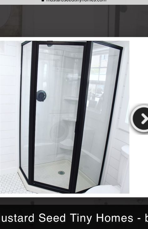 Triangular shower enclosed shower Triangular Shower Bathroom, Master Shower Black Door Corner Piece, Camper Corner Shower Remodel, Shower Corner Shelves Glass, Tiny Home Bathrooms, Neo Angle Shower, Bathroom Shower, Tiny House, Shower