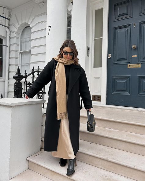 Ready to pack the coats away now 🖤 4 is giving penguin 🐧😂 Coat & skirt @mango Boots @asos Bag @coach Scarf @reiss Street style, outfit inspo, outfit ideas, Pinterest aesthetic, outfit inspiration, look of the day, ootd, what to wear, elegant fashion, elegant chic outfit, pinterest outfits, london fashion, london style, classic fashion, timeless outfit, capsule wardrobe looks, black outfit, minimalist outfit, feminine style, old money aesthetic, old money outfits, satin maxi skirt out... Elegant Chic Outfits, Outfit Capsule Wardrobe, Mango Boots, Outfit Capsule, Aesthetic Old Money, Outfit Minimalist, Coach Scarf, Aesthetic Old, Fashion London