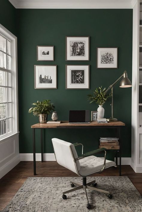 home decor interior design, interior bedroom design, designer wall paint, living room interior Emerald Green Wall Office, Green Office Interior Design, Green Accent Wall Office, Home Office Dark Green, Green Wall Office, Green Office Interior, Office Green Wall, Green Office Walls, Green Office Ideas