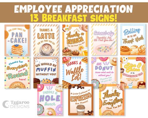 "Employee, Teachers Appreciation Breakfast Food Drinks Signs | Nurse Thank You| Staff Appreciation Week | Donuts | Waffles | Brunch | Coffee Thank your employees/colleagues/teachers/nurses/first responders with this fantastic bundle of motivating/gratitude filled breakfast food and drink signs! They're perfect for employee appreciation week  or any day to give thanks to those that keep your company and teams running smoothly! ★★ For the full 48 Employee Appreciation Food/Treat/Drink Sign Bundle, Waffle Brunch, Teacher Appreciation Breakfast, Breakfast Puns, Candy Bar Gifts, Teacher Breakfast, Staff Appreciation Week, Teachers Appreciation, Week Schedule, Volunteer Appreciation