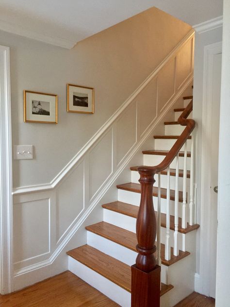 Stairwell Wainscoting Staircases, Staircase Wanescoating, Small Stair Landing Decor, Tan Wainscoting White Walls, Stairway Trim Wainscoting, Half Wall Staircase, Wayne’s Coating Stairs, Stairway Wainscoting, Staircase Molding