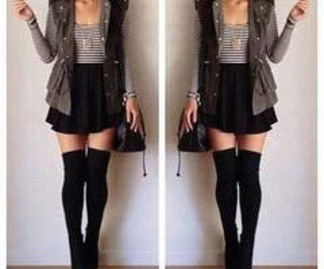 Thigh High Socks, skater skirt, striped long sleeved bodycon top, utility vest and all the accessories. Autumn Bag, High Socks Outfits, Rocker Girl, Stylish Sweater, Sock Outfits, Pastel Outfit, Miniskirt Outfits, Mode Casual, Rock Punk