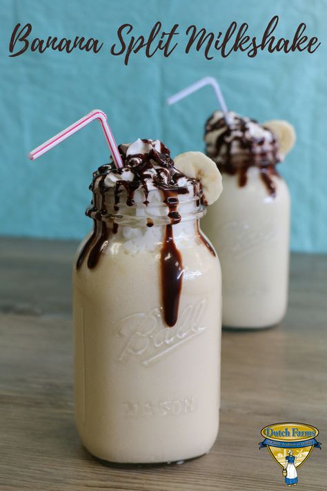 Our banana split milkshake is easy, delicious, and perfect for a hot summer day. Banana Split Milkshake, Fudge Topping, Cream Fudge, Dutch Farms, Milk Ice Cream, Smoothie Drink Recipes, Banana Milk, Chocolate Syrup, Hot Fudge