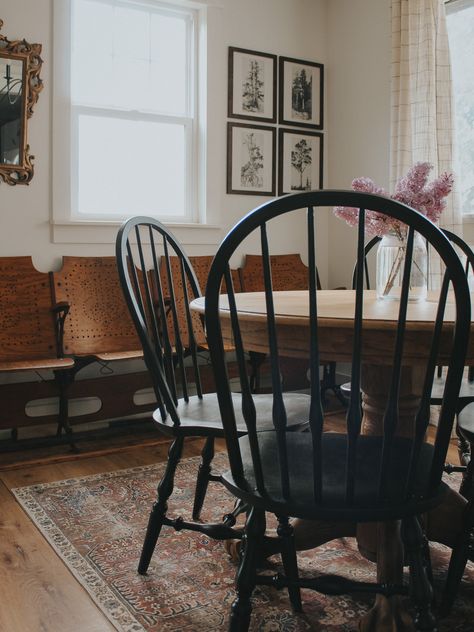 I love this little vignette in my grandmillennial style dining room. This thrift flip DIY was a bit of a challenge. There were a lot of nooks and crannies to sand down on this solid wood round table! But I love the light wood finish I was able to achieve. I paired it with these black spindle dining chairs to mix some farmhouse design style into the space. I finished the room with some of my favorite vintage home decor. If you're looking for more budget home makeovers, check out my blog! Thrift Flip Furniture, Easy Off Oven Cleaner, Dining Table Furniture, Light Wood Kitchens, Round Table And Chairs, Round Kitchen Table, Spindle Dining Chair, Kitchen Table Wood, Round Wood Dining Table