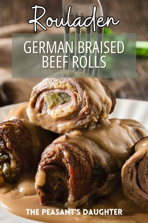 Transport yourself to Germany with this mouthwatering recipe for authentic German Rouladen! Tender beef rolls filled with mustard, onions, pickles, and bacon, simmered to perfection in a rich gravy. A true taste of tradition, perfect for cozy family dinners or festive gatherings. Serve with your favorite German sides for a hearty and satisfying meal that will have everyone asking for seconds! German Chicken Recipes, German Sides, Mustard Onions, German Rouladen, German Chicken, Rouladen Recipe, Beef Rolls, Swiss Food, Top Round Steak