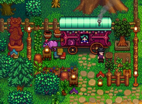 I decorated the area around the travelling cart in stardew and I love how it looks!(⁠◍⁠•⁠ᴗ⁠•⁠◍⁠) Stardew Beach Farm Ideas, Stardew Valley Fair Grange Display, Stardew Valley Traveling Cart Design, Stardew Valley Town Design, Stardew Fruit Bat Cave, Chicken Coop Stardew Valley, Stardew Valley Crafting Area, Stardew Valley Village Decoration, Stardew Valley Cave Decoration