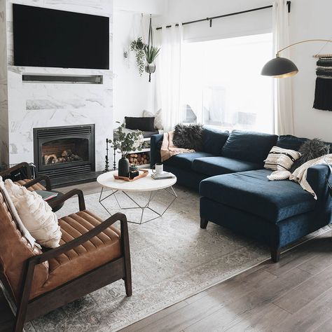 Rug Pairing Guide: What Color of Rug for Your Couch | Ruggable Blog Navy Couch Gray Rug, Charcoal Grey Couch Living Room Rugs, Rugs Home Office, Rugs For A Blue Couch, Rugs That Go With Blue Couches, Rug With Navy Blue Couch, Living Room Rug Blue Couch, Rugs With Navy Couch, Ruggable With Grey Couch