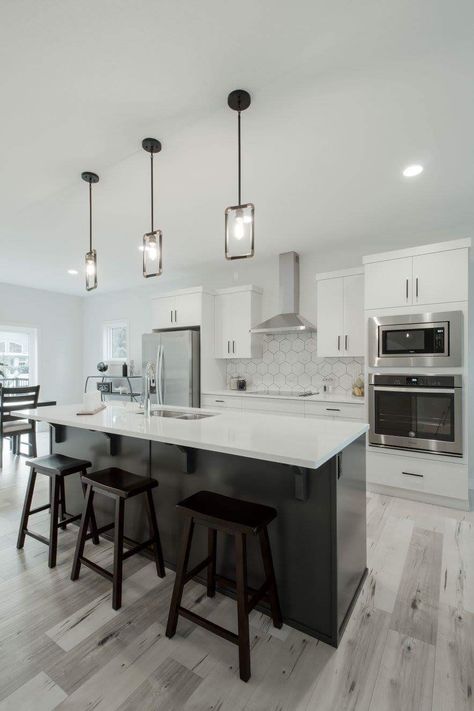 Modern Contemporary Kitchen Ceiling Lights, White Kitchen With Black Island, Island Lights Kitchen, Small Kitchen Island Ideas With Seating, Island Ideas With Seating, Modern Kitchen With Island, Modern Black And White Kitchen, Kitchen Island Ideas With Seating, Modern Kitchen Island Design