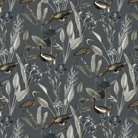 A botanical design with rich jungle plants and large quirky birds in an all over pattern.  Shown in the Midnight dark grey colourway.  Note extra long pattern repeat. Search stork crane. Grey Bathroom Wallpaper, Wallpaper Trends For 2023, Graham And Brown Wallpaper, Grey Brown Wallpaper, Wallpaper Behind Bed, Grey Tone Wallpaper, Grey Pattern Wallpaper, Gray Wallpaper Bathroom, Midnight Wallpaper