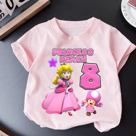 New Super Mario Bros Birthday Number T Shirt Girl Princess Peach Pink Clothes Child Short Sleeve Tops Cotton Tees Kid Party Gift Super Mario Bros Birthday, Kids Party Gift, Mario Bros Birthday, Pink Clothes, Princesa Peach, Mario Bros., Shirt Girl, Birthday Tshirts, Birthday Numbers