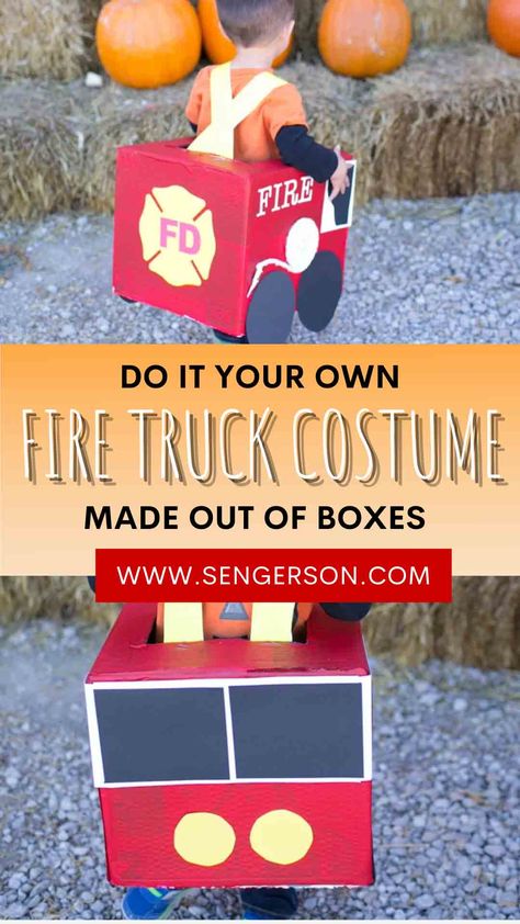 DIY Fire Truck Costume Homemade Firetruck Costume, Homemade Fire Truck Costume, Fire Truck Diy Cardboard Boxes, Ambulance Costume Diy, Diy Fire Fighter Costume Kids, Diy Truck Costume Toddler, Fire Truck Halloween Costume, Fire Truck Costume Diy, Diy Fire Hydrant Costume