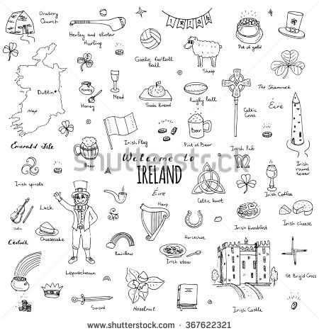 Hand drawn doodle Ireland set Vector illustration Sketchy Irish traditional food icons Republic of Ireland elements Flag Map Celtic Cross Knot Castle Leprechaun Shamrock Harp Pot of gold Travel icons - stock vector Ireland Themed Tattoo, Ireland Drawing Ideas, Tattoos For Ireland, Ireland Travel Tattoo, Irish Harp Drawing, Small Ireland Tattoo, Dublin Tattoo Ideas, Ireland Doodles, Pot Of Gold Tattoo