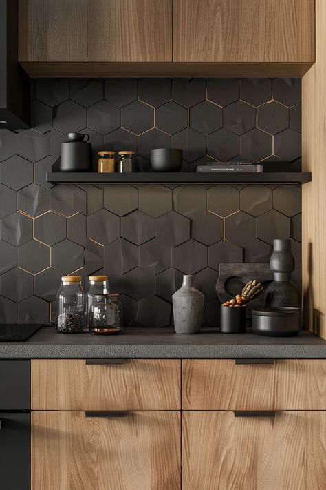 🌟 Looking to upgrade your kitchen with some stunning backsplash ideas? From kitchen counter styling to unique kitchen backsplash ideas, find inspiration for your kitchen decor here! ✨🏡 #kitchenbacksplash #kitchendecor #homedesign Bar With Black Backsplash, Kitchen Tiles For Black Counter Top, Copper Backsplash Kitchen Dark Cabinets, Matte Black Kitchen Backsplash, Black Kitchen Tile Backsplash, White Kitchen Cabinets Dark Backsplash, Backsplash Kitchen Black Cabinets, Kitchen Backsplash Black Cabinets, Dark Grey Backsplash Kitchen