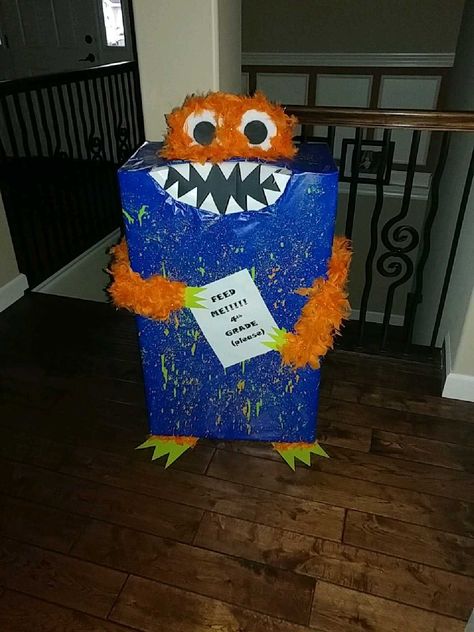 Candy Monster Trash Can, Candy Monster Donation, Candy Donation Box Ideas Halloween, Halloween Event Decor, Candy Monster, Halloween Candy Box, Pta Ideas, Halloween School Treats, Monster Box