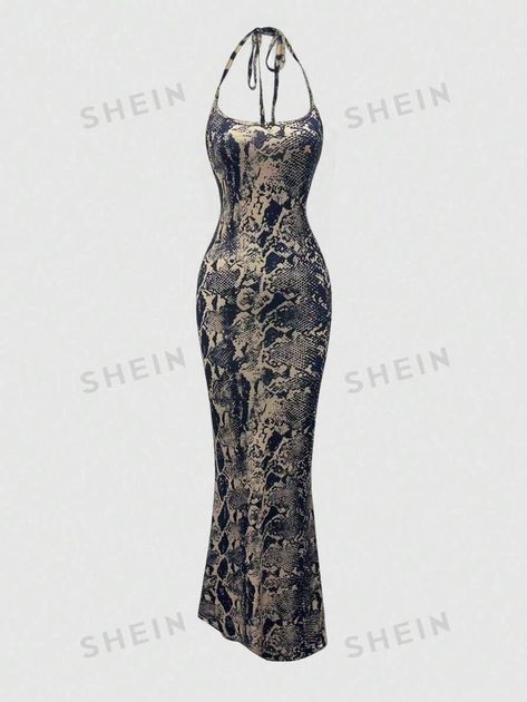 SHEIN EZwear Snakeskin Print Tie Backless Spaghetti Strap Dress | SHEIN USA Crochet Maxi Dress Shein, Snake Print Formal Dress, Pink Snakeskin Dress, Geo Print Bodycon Dress, Maxi Dress Snake Print, Spaghetti Strap Dress, Snakeskin Print, Clothing Websites, Printed Ties