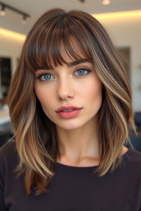 Medium Length Hair With Layers And Fringe Bangs, Straight Hair Bangs Medium, Wispy Bangstyle Hair Medium, Short Length Hair With Layers And Bangs, Face Framing Layers With Bangs Medium, Medium Length Haircut With Layers Bangs, Mid Length Hair With Layers And Bangs, Layers With Wispy Bangs, Wispy Bangs With Layers