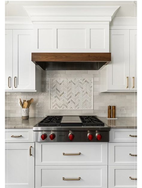 Kitchen Hood White And Wood, Above Range Ideas, Range Hood Soffit, Small Kitchen Hoods, Stove Without Vent Hood, White Oven Hood, Modern Stove Hood, Custom Range Hood Ideas, Wooden Hood Vent Cover