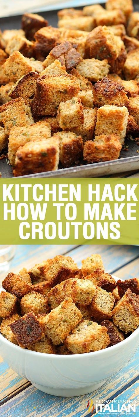 Homemade Croutons are the best kitchen hack. This simple recipe comes together in just about 20 minutes. Left over bread is cubed and tossed with olive oil, herbs and spices. Then they are baked until perfectly crisp and completely irresistable. Trust me you will never buy them again.