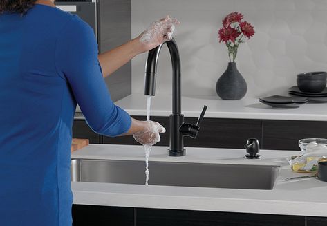 Delta Faucet | Bathroom and Kitchen Faucets, Showers, Toilets, Parts, Accessories and More Delta Stryke, Delta Faucets Bathroom, Kitchen Faucet Design, Touch Kitchen Faucet, Delta Kitchen Faucet, Touchless Kitchen Faucet, Matte Black Kitchen, Cleaning Faucets, Kitchen Faucet With Sprayer