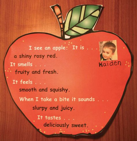 Apples Sense: Science & Writing Craftivities 5 Senses Poster, 5 Senses Writing, 5 Senses Craft, Apple Bulletin Boards, September Writing Prompts, Apple Center, Poem For Kids, September Writing, Apple Poster