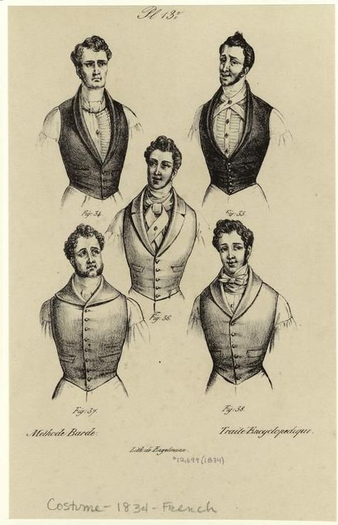 1834   Men Wearing Vests, France.      digitalgallery.nypl.org                        suzilove.com Men In Vests, 19th Century Men, 1830s Fashion, Victorian Men, Victorian Gentleman, 19th Century Fashion, History Fashion, Victorian Clothing, Mode Masculine