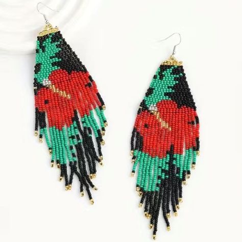 Large Red Hawaiian Hibiscus Flower With Green Leaves & Black Background. Boho Tassel Drop Statement Earrings. Made With Multi Color Glass Seed Beads & Stainless Steel Fish Hook. Measures Approximately 5.5” Long. In New Condition. Nwt Boutique Item 2 Available Hawaiian Hibiscus, Earrings Patterns, Seed Beading, Seed Bead Patterns, Statement Drop Earrings, Hibiscus Flower, Glass Seed Beads, Bead Patterns, Seed Bead Earrings