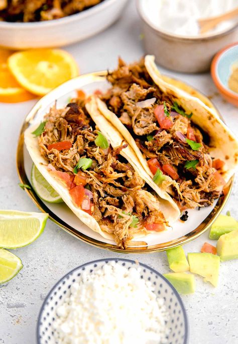 Pork Carnitas Street Tacos | Table for Two® by Julie Chiou Carnitas Street Tacos, How To Make Carnitas, Panda Express Copycat, Street Taco Recipe, Slow Cooker Carnitas, Toppings Bar, Creamy Honey, Homemade Churros, Walnut Shrimp