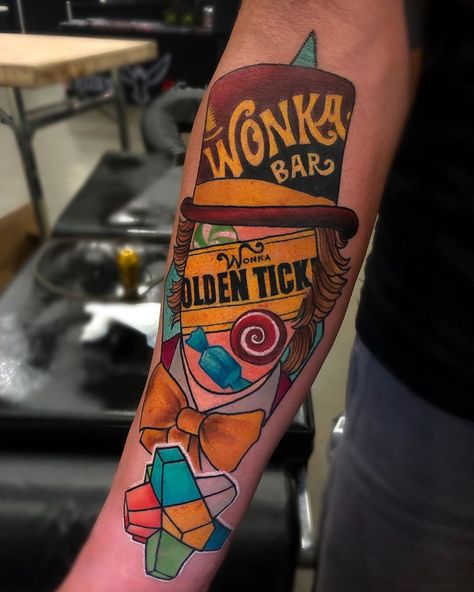 ☂️Jay Jorée☂️ on Instagram: “Did this #willywonka piece at the @villainarts convention this past weekend had a lot of fun with it! @fusion_ink @vitalitreetattoo…” Willy Wonka Tattoo, Wonka Tattoo, Gene Wilder Willy Wonka, 2024 Tattoo, Tattoo Time, X Tattoo, Fusion Ink, Lotus Tattoo, Time Tattoos