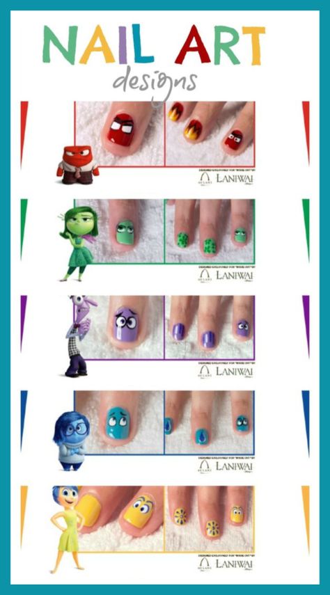 Movie Themed Nail Art, Character Nail Art Disney, Inside Out Nails Disney, Inside Out 2 Nails, Inside Out Nail Art, Movie Inspired Nails, Inside Out Nails, Nail Art Character, Movie Nail Art