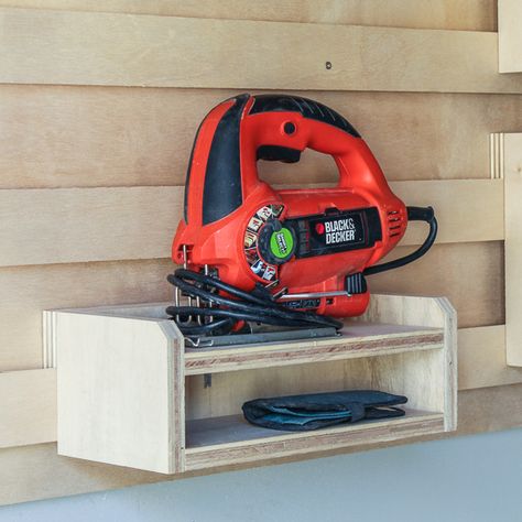 DIY French Cleat Jigsaw Holder (& Blade Storage) | Saws on Skates® Jigsaw Holder, Fireplace Mantle Headboard, Diy French Cleat, French Cleat Tool Storage, Tool Storage Wall, French Cleat Wall, Tape Measure Holder, French Cleat Storage, Cleat Wall