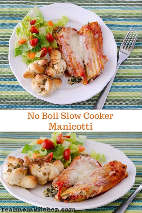 No Boil Slow Cooker Manicotti | realmomkitchen.com Slow Cooker Manicotti, Manicotti Beef Lasagna In Crockpot, Manicotti Recipe No Boil, Crockpot Manicotti With String Cheese, How To Cook Frozen Manicotti, Crockpot Favorites, Casserole Crockpot Recipes, Casserole Crockpot, Manicotti Recipe