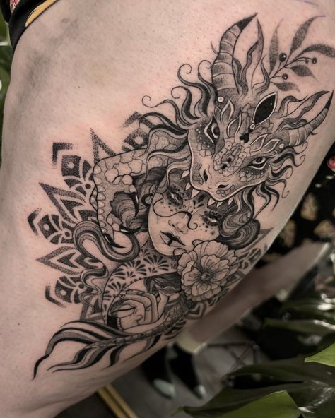 Dragon lady 🐉 ✨ Thank you Julie for picking this piece ✨ Alicesophiatattoos@gmail.com #dragontattoo #tattoos #thightattoo #floraltattoo Dragon Lady Tattoo, Lady Tattoo, Dragon Lady, Female Dragon, Black Work, Dragon Tattoo, Thigh Tattoo, Body Art Tattoos, Blackwork