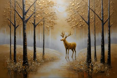 Golden deer landscape art - Fine art Golden Deer Painting, Deer Landscape, Golden Deer, Abstract Oil Painting On Canvas, Deer Painting, Landscape Abstract, Abstract Oil Painting, Ethereal Beauty, Wildlife Art