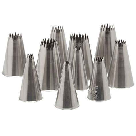 Ateco 10-Piece Fine Star Pastry Tip Set in Tube *** Trust me, this is great! : Baking tools Open Star Piping Tip, Star Piping Tip, Piping Tip, Icing Nozzles, Frosting Techniques, Piping Techniques, Plungers, Piping Icing, Piping Tips