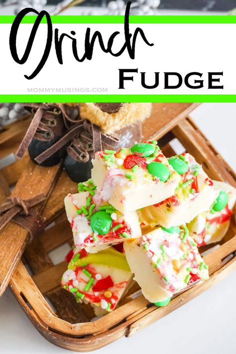 easy grinch fudge for christmas with text which reads grinch fudge Grinch Bark, Grinch Movie Night, Grinch Fudge, Family Recipe Ideas, Christmas Dessert Tray, Fun Holiday Desserts, Eggnog Fudge, Grinch Cake, Favorite Christmas Desserts