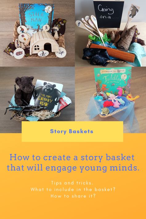 Lets Tell A Story Bag, Story Baskets Ideas, Story Baskets For Preschool, Story Baskets For Toddlers, Storybook Baskets, Storytelling Basket, Story Bags, Story Baskets, Creating A Story