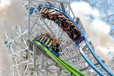 Twisted Colossus, May 20, 2015, at Six Flags Magic Mountain, Santa Clarita, Calif. Heli Skiing, Wooden Roller Coaster, Hang Gliding, California Missions, Six Flags, Carnival Rides, Amusement Park Rides, Ice Climbing, Parasailing