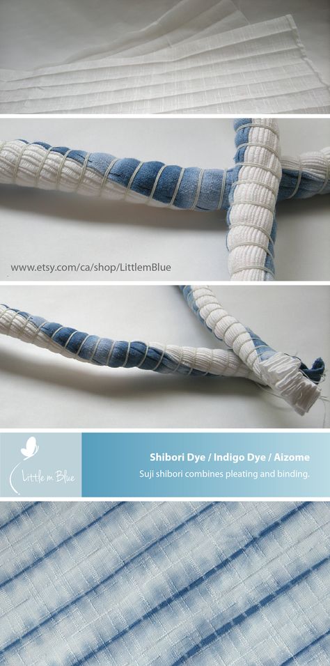 Indigo shibori dye - Suji shibori combines pleating and binding. (Little m Blue) Diy Shibori, Shibori Diy, Fabric Dyeing Techniques, Hantverk Diy, Shibori Designs, Dyeing Tutorials, Diy Dye, Textile Dyeing, Shibori Fabric