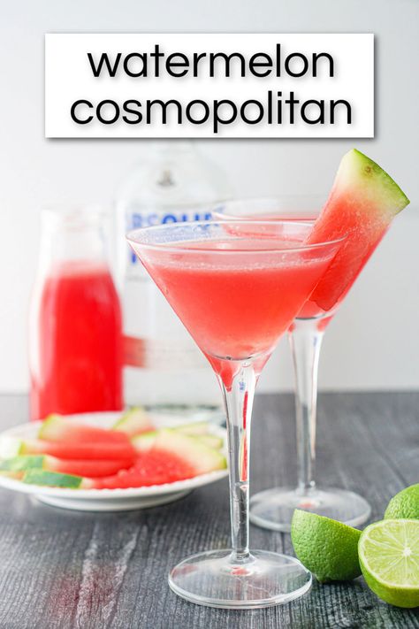 2 martini glasses with watermelon cosmo drink and text Watermelon Cosmo, Extra Watermelon, Cosmopolitan Cocktail Recipes, Cosmo Recipe, Cosmopolitan Cocktail, Vintage Cocktails, Cocktail Drinks Alcoholic, Low Carb Drinks, Refreshing Summer Cocktails