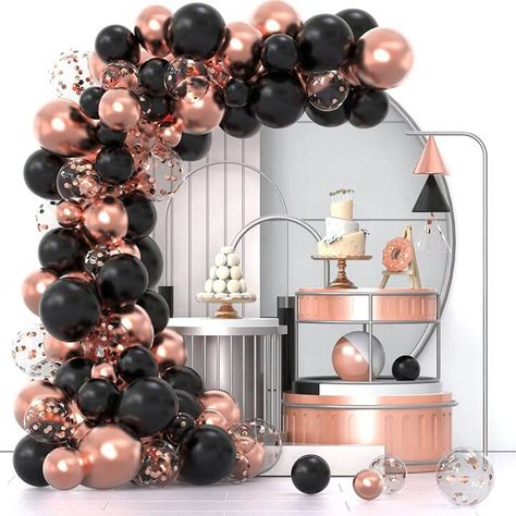 120pcs Black Rose Gold Metallic And Confetti Latex Balloons Garland Arch Kit For Graduation, Birthday, Wedding, Anniversary, Celebrations, Party Decoration | SHEIN USA Rose Gold And Black Balloon Decor, Rose Gold And Black Party Theme, Black And White Party Decorations, Masquerade Gala, Gold Birthday Party Decorations, White Party Decorations, Rose Gold Party Decor, Wedding Anniversary Celebration, Garland Arch